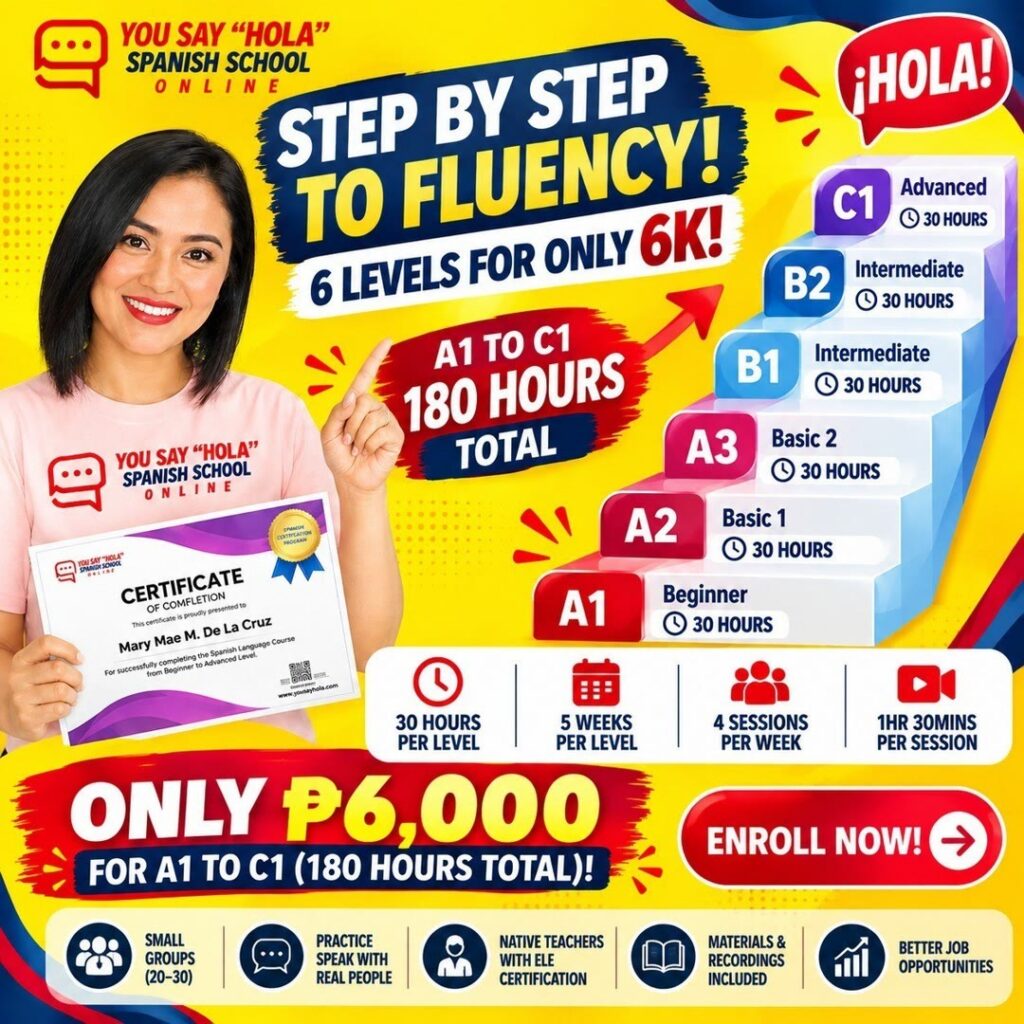 Step by step to fluency: 6 levels for only ₱6,000, A1 to C1, 180 hours total